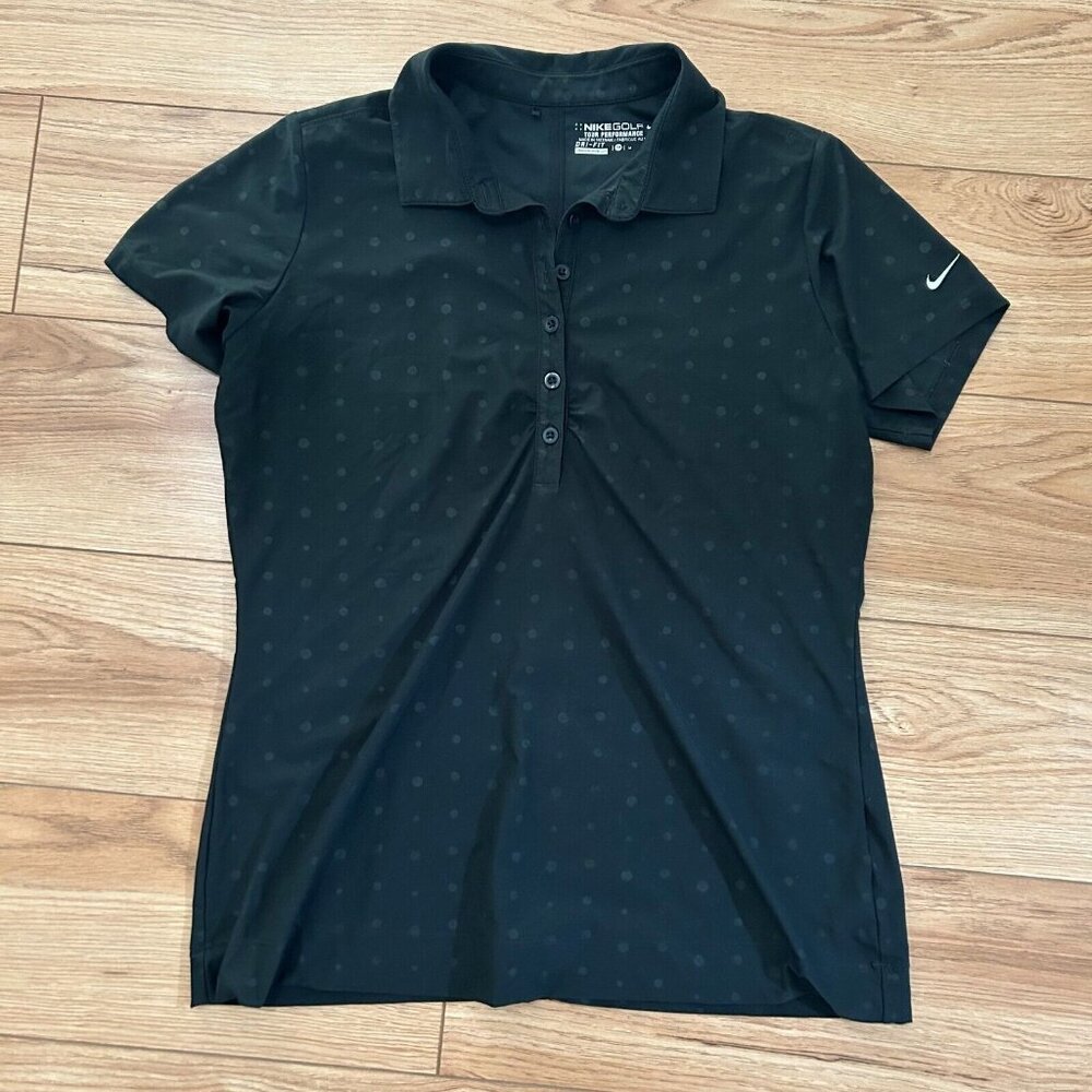 Nike Golf Shirt Womens M Black Polo Quick Dry Polka Dot Tour Performance EUC